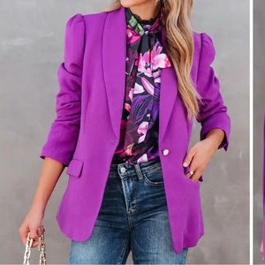 Dolly Pocketed Puff Shoulder Blazer- Magenta